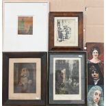 Mixed pictures including W H Sweet engraving, trio of portrait studies, prints, still life of flower