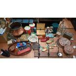 Various vintage collectables including coat-hooks, copper cooking pot, tins, bottles, jelly-