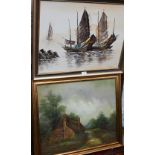 Two oil on canvas studies - Henry - Junks in a watery landscape circa 1970s, 45 x 60 cm and a