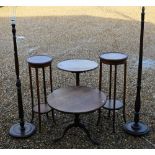Two 19th century mahogany circular tripod occasional tables, two mahogany standard lamps and two