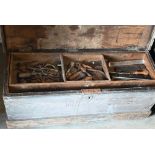 A quantity of vintage and other tools in stained pine chest and another box (2)