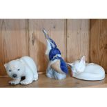 Three Royal Copenhagen figures - Kingfishers, Polar Bear and Sleeping kitten (3)