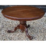 A Victorian mahogany circular tilt top breakfast table, raised on turned and moulded pillar to