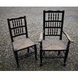 Set of ten 19th century elm Lancashire spindle back dining chairs with woven rush seats, eight