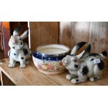 Pair of Chinese celadon glazed rabbits, 23/20 cm to/w a Victorian Carlton Ware bowl with ep rim (3)