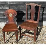 A Victorian mahogany hall chair with painted polychrome lion armorial to/w provincial antique elm