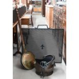 Mesh fire-screen, to/w a copper coal scuttle with tongs and a warming pan (4)