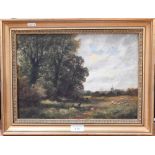 W T Reed - 'In the Negworth Fields', oil on canvas, signed 1878, 24 x 34 cm, inscribed verso