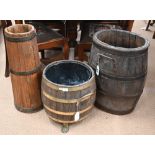 A coopered log-bin with brass handles and feet, 40 cm high to/w a rum-beaker converted as a stick-