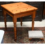 A kitchen table on turned legs, 75 cm x 68 cm x 78 cm high to/w Victorian mahogany footstool (2)