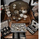 Pair of plated on copper twin-branch candelabrum to/w an epns three-piece tea serice, tray, cases of