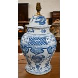 A modern blue and white ceramic baluster table lamp base in the Chinese manner, 47 cm high including