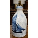 A Rye Pottery blue and white table lamp base featuring sailing barges, 45 cm high including fitting