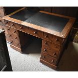 A small Victorian mahogany twin-pedestal desk with nine drawers, a/f, 106 cm x 60 cm deep x 70 cm