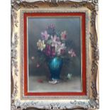 R Cook - Still life study with flowers in a blue vase, oil on board, signed lower right and dated '