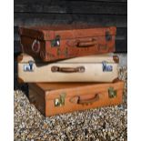Good quality leather suitcase with gilt-tooled lining, 67 cm wide to/w another leather suitcase
