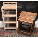 A nest of three foliate carved hardwood tables to/w rattan shelves (2)