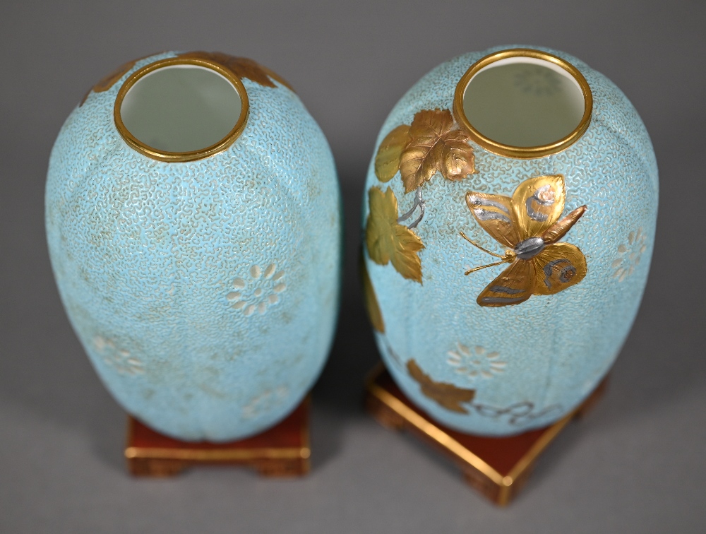Pair of Victorian Minton china vases or night-lights in the Aesthetic manner, modelled on pale - Image 4 of 7