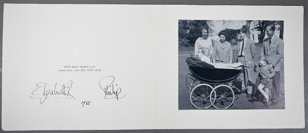 HM Queen Elizabeth II and HRH the Duke of Edinburgh Christmas card with two gilt cyphers to front,