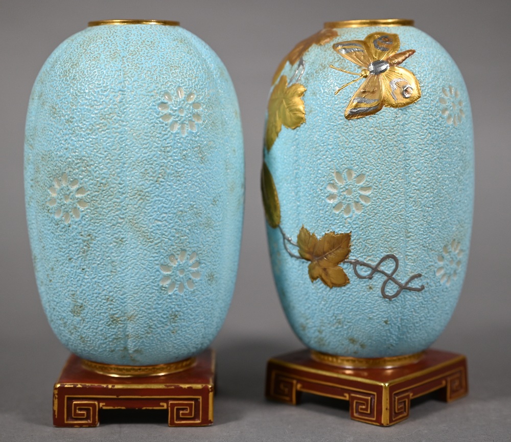 Pair of Victorian Minton china vases or night-lights in the Aesthetic manner, modelled on pale - Image 3 of 7