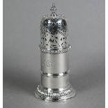 Heavy quality silver cylindrical sugar caster in the 17th Century manner, with domed top and