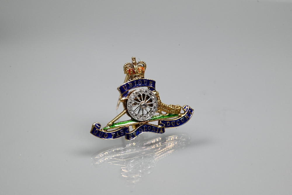 A 9ct yellow gold Royal Artillery sweetheart brooch, diamond set and with enamel decoration, 3.8g