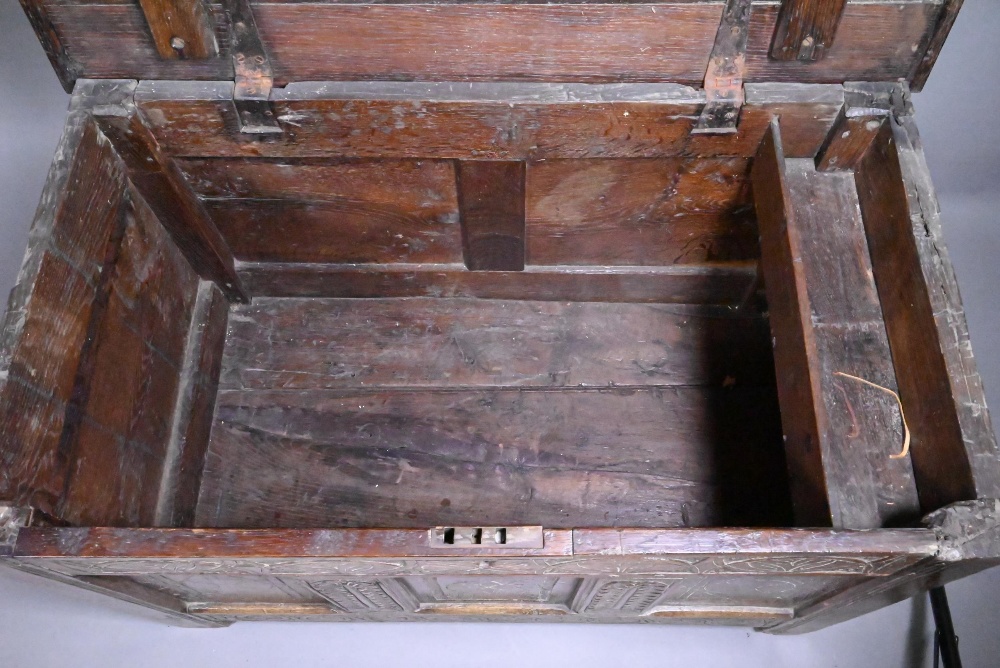 An early 18th and later oak coffer, with lunette carved frieze over a trio of incised panels, on - Image 6 of 8