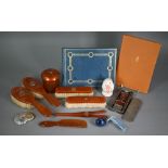 Vintage tortoiseshell seven-piece dressing table set with yellow metal monogram surmounted by a