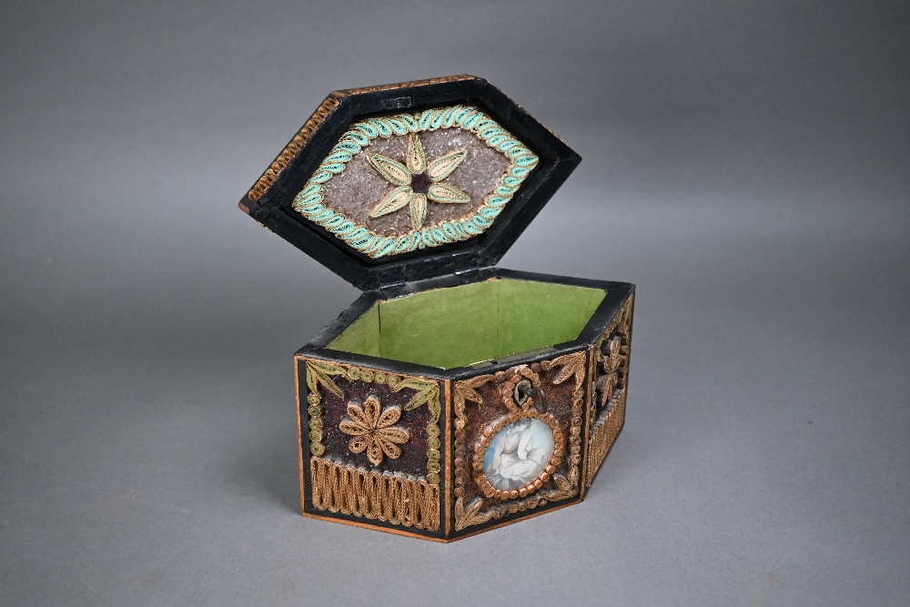 A George III tea caddy decorated with gilded rolled paper and crystal shards, and inset with two - Image 3 of 7