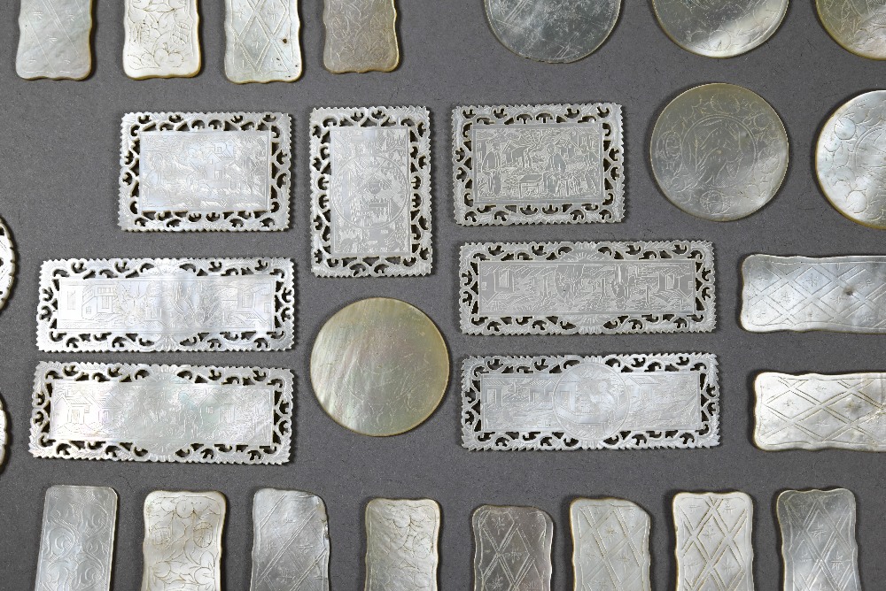 A collection of 18th and 19th century Chinese mother-of-pearl gaming counters including a mounted - Image 3 of 10