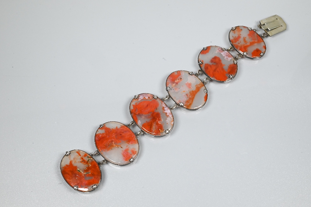 A moss agate bracelet formed of chain-linked oval discs, a Victorian piqué work brooch and a row - Image 5 of 6