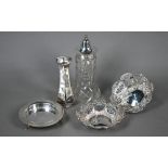 Three silver pin dishes, 4.2oz, to/w hexagonal baluster specimen vase (repaired) and an Edwardian