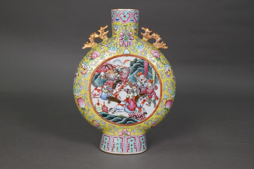 A 19th century Chinese famille rose moon flask vase with applied gilded chilong dragon handles, - Image 2 of 17