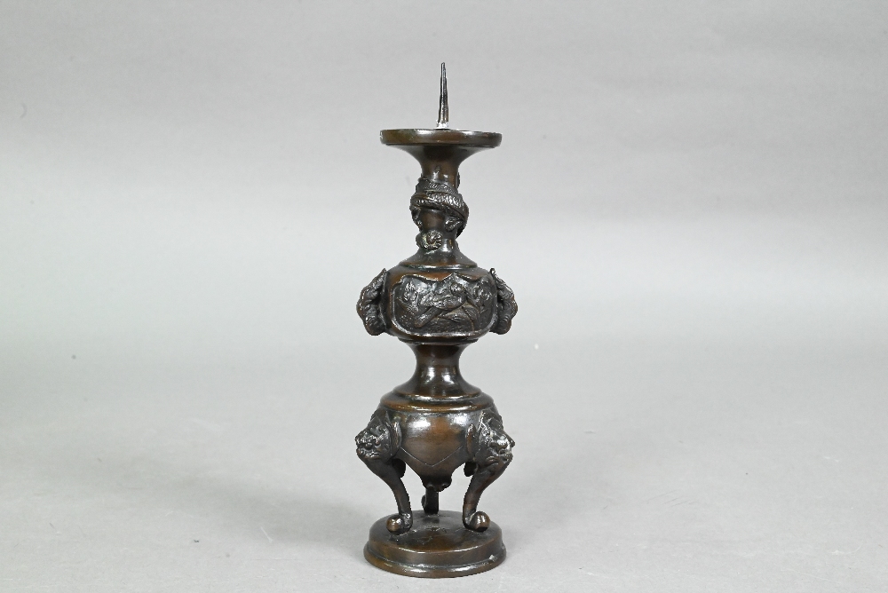 Four late 19th or early 20th century Japanese bronzes comprising a small baluster vase with flared - Image 6 of 12