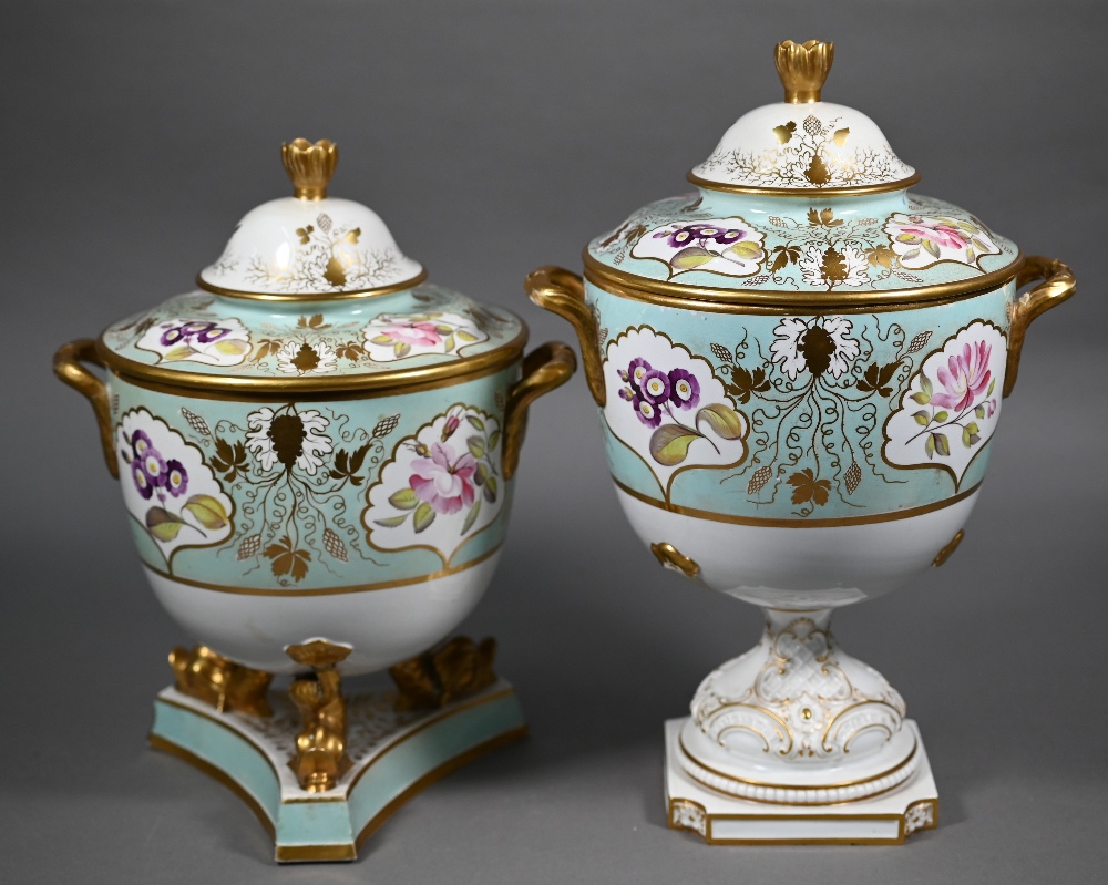 Two early 19th century turquoise-ground and gilt covered urns, the reserves painted with floral - Image 5 of 8