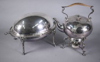 Victorian electroplated breakfast dish with revolving cover, on four ram monopodia, to/w a Victorian