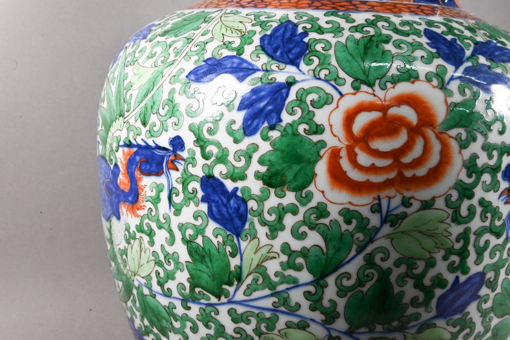 A large Chinese wucai vase, late Qing, painted in underglaze blue, copper red and polychrome enamels - Image 5 of 14