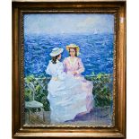 A Henryrob? - Ladies on a terrace overlooking the sea, oil on board, signed lower right, 49 x 39