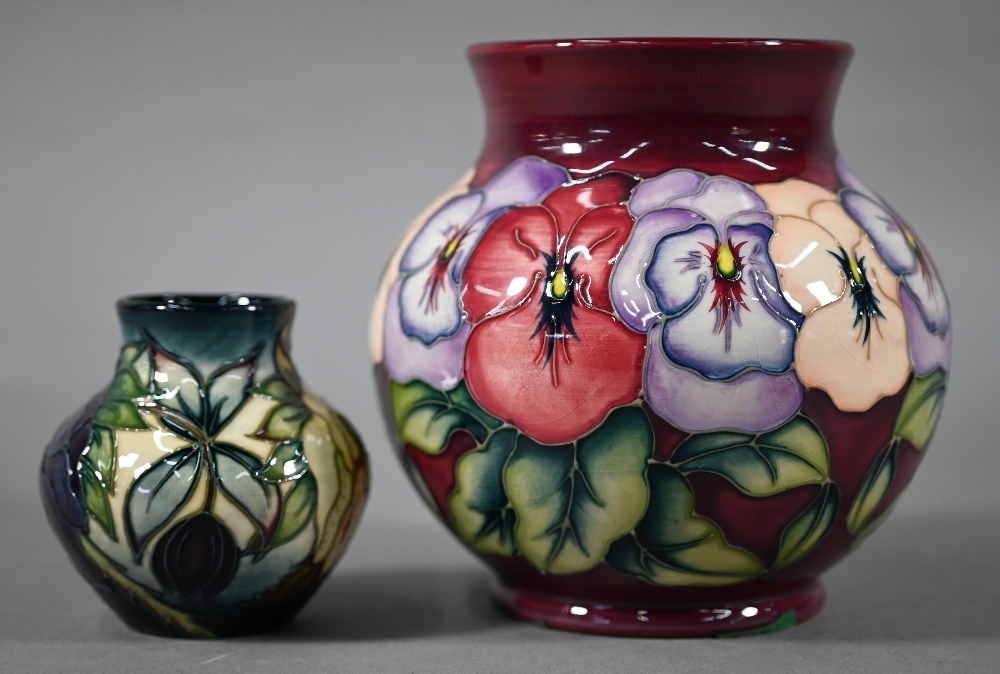 A Moorcroft 'Pansy' globular vase with flared neck, signed R Bishop, J Moorcroft & W M monogram, - Image 3 of 6