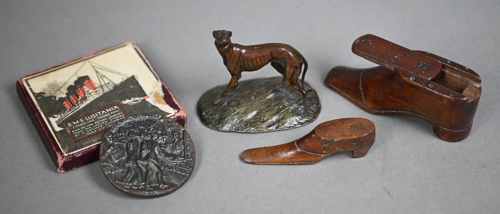 Replica 'Lusitania' medal - boxed with French explanatory pamphlet to/w a miniature carved wood '