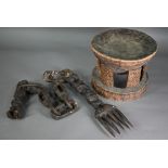 African carved wood stool - to/w a carved 'marriage' chain with fork and figure, 128 cm (2)