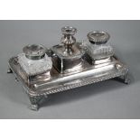 19th Century plated on copper inkstand with gadrooned rim and two pen-troughs, fitted with nib-box