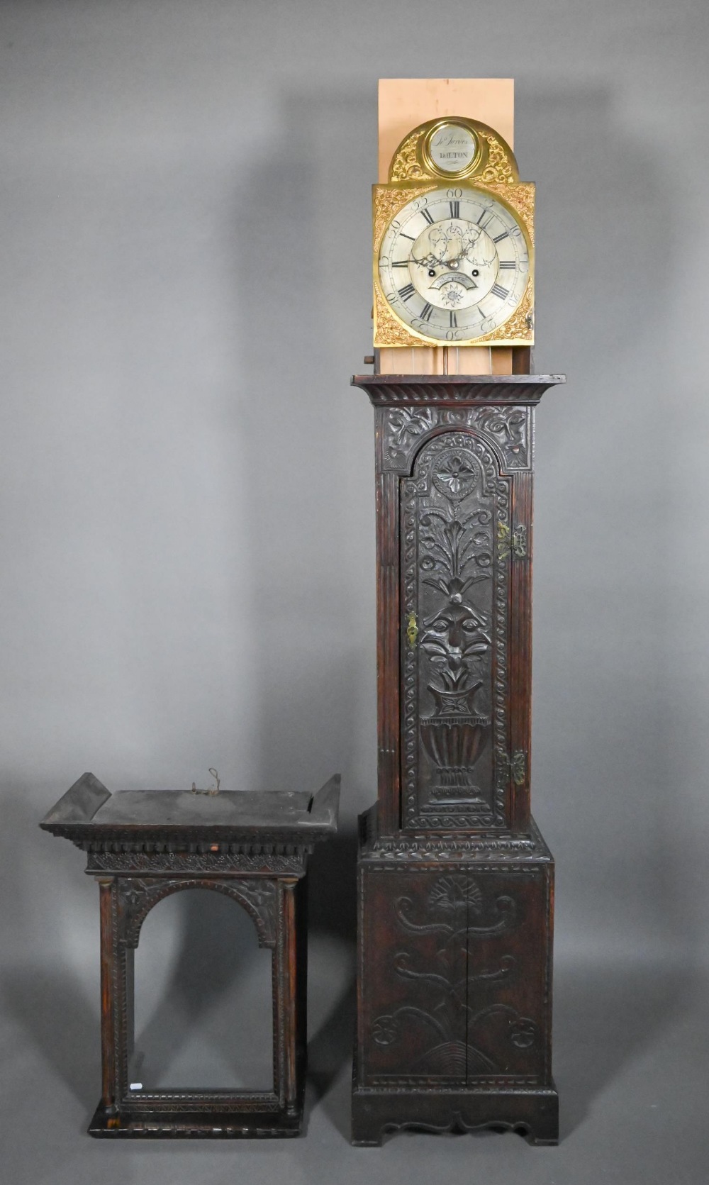 Jarvis, Dalton, an 18th century and later carved oak clock, the eight day movement with arched brass - Image 6 of 8