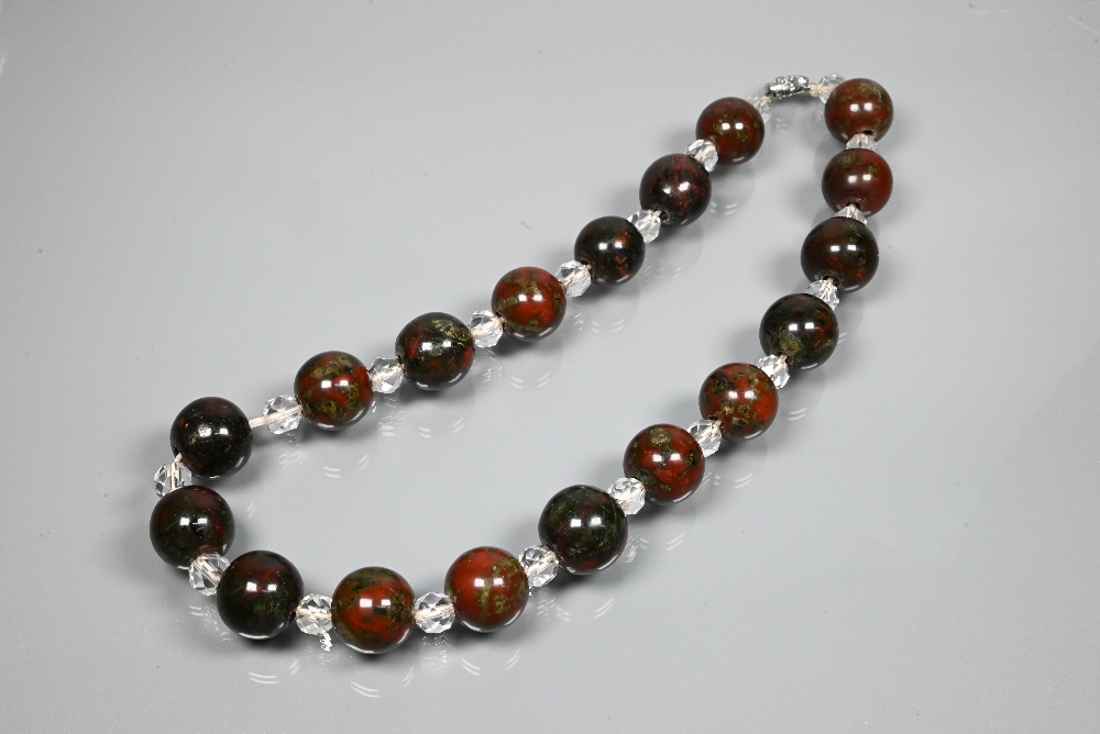 A moss agate bracelet formed of chain-linked oval discs, a Victorian piqué work brooch and a row - Image 2 of 6