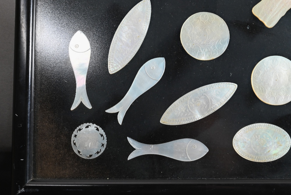 A collection of 18th and 19th century Chinese mother-of-pearl gaming counters including a mounted - Image 9 of 10