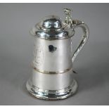 Georgian Sheffield plate tankard, the domed cover with foliate scroll thumb-piece, the scroll handle