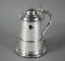 Georgian Sheffield plate tankard, the domed cover with foliate scroll thumb-piece, the scroll handle