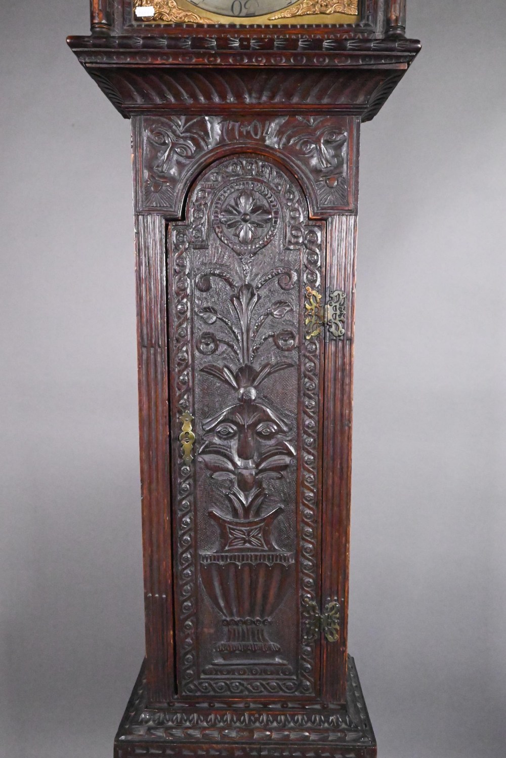 Jarvis, Dalton, an 18th century and later carved oak clock, the eight day movement with arched brass - Image 3 of 8