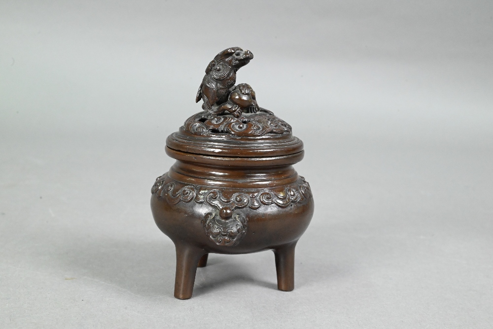 Four late 19th or early 20th century Japanese bronzes comprising a small baluster vase with flared - Image 4 of 12