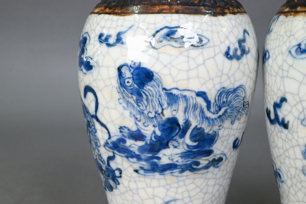 A pair of late 19th century Chinese blue and white Nanjing export baluster vases, Qing dynasty, - Image 8 of 15